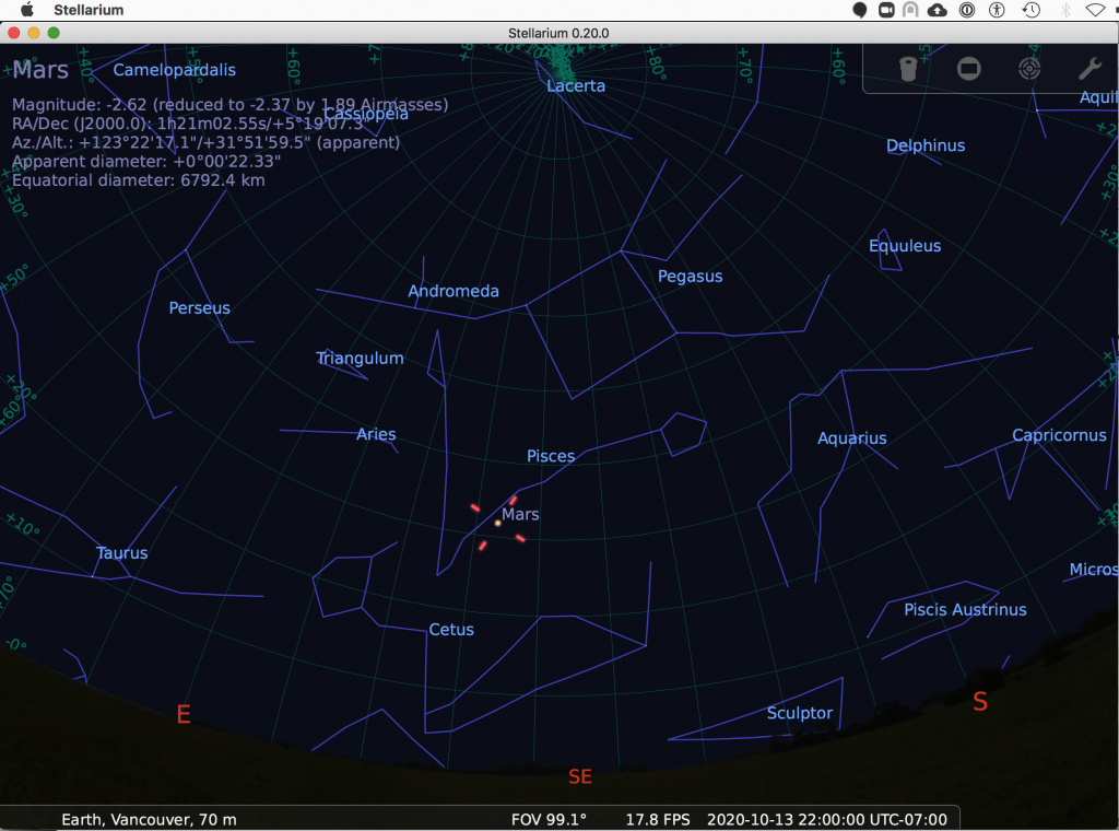 Location of Mars on Oct 13 2020 from Vancouver at 10:00 pm